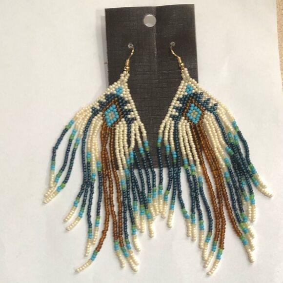 Boho Native American Blue Turquoise Beaded 4.5” Long Dangle Earrings (a)126 - Picture 6 of 8